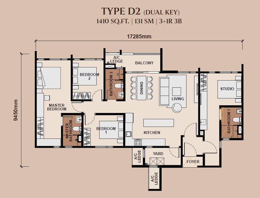The Queenswoodz 1,410 sq ft (Dual Key) floor plan