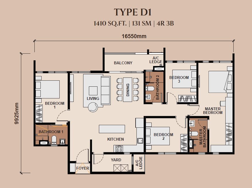 The Queenswoodz 1,410 sq ft floor plan