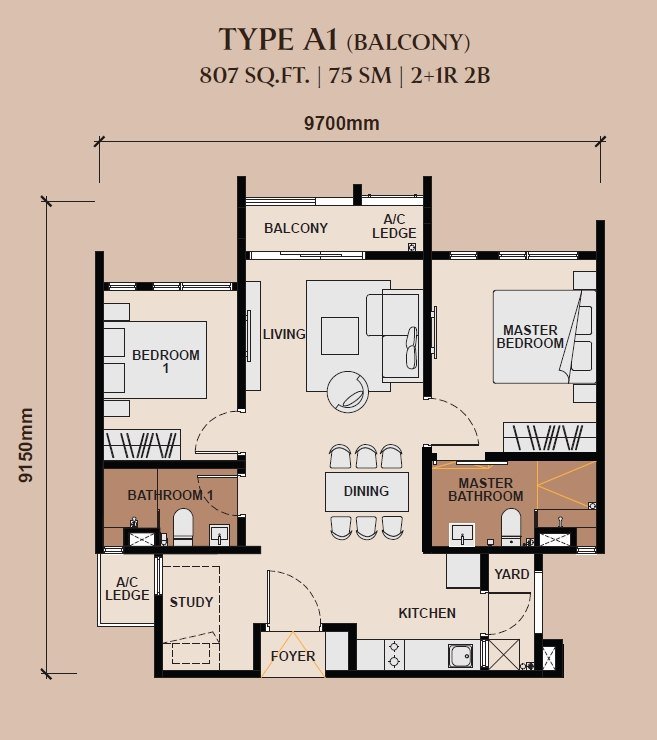 The Queenswoodz 807 sq ft floor plan