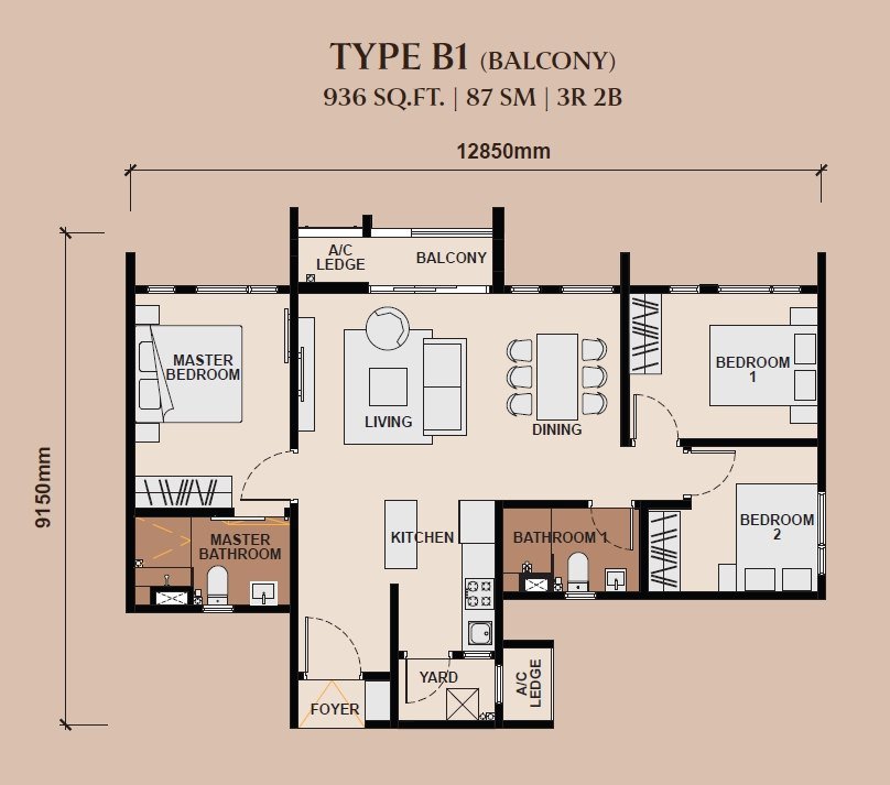 The Queenswoodz 936 sq ft floor plan